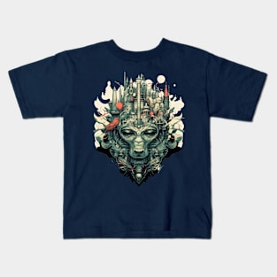 A Cyberpunk City on a Wolf's Head Kids T-Shirt